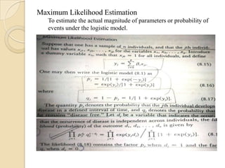 Maximum Likelihood Estimation
To estimate the actual magnitude of parameters or probability of
events under the logistic model.

 
