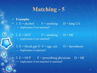 Matching - 5
• Examples
• 1. E = alcohol

F = smoking

D = lung CA

– Implication if not matched?

• 2. E = OCP

F = smoking

D = MI

– Implication if not matched?

• 3. E = blood grp O F = age, sex

D = thrombosis

– Implication if matched?

• 2. E = OCP

F = prescribing physician

D = MI

– Implication if not matched or matched?
38

 