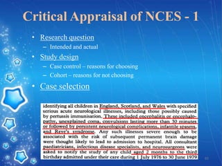 Critical Appraisal of NCES - 1
• Research question
– Intended and actual

• Study design
– Case control – reasons for choosing
– Cohort – reasons for not choosing

• Case selection

65

 