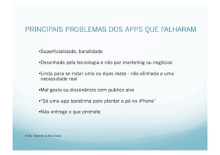 PRINCIPAIS PROBLEMAS DOS APPS QUE FALHARAM


          • Superficialidade, banalidade

          • Desenhada pela tecnologia e não por marketing ou negócios

          • Linda para se rodar uma ou duas vezes - não alinhada a uma
           necessidade real

          • Mal gosto ou dissonância com publico alvo

          • “Só uma app baratinha para plantar o pé no iPhone”

          • Não entrega o que promete




Fonte : Bianchi & Associates
 