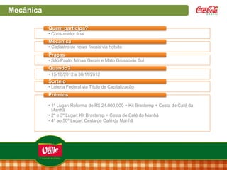 Mecânica
Quem participa?
• Consumidor final

Mecânica
• Cadastro de notas fiscais via hotsite

Praças
• São Paulo, Minas Gerais e Mato Grosso do Sul

Quando?
• 15/10/2012 a 30/11/2012

Sorteio
• Loteria Federal via Título de Capitalização

Prêmios
• 1º Lugar: Reforma de R$ 24.000,000 + Kit Brastemp + Cesta de Café da
Manhã
• 2º e 3º Lugar: Kit Brastemp + Cesta de Café da Manhã
• 4º ao 50º Lugar: Cesta de Café da Manhã

 