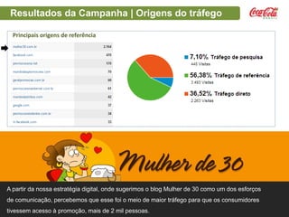 Resultados da Campanha | Origens do tráfego
Principais origens de referência

A partir da nossa estratégia digital, onde sugerimos o blog Mulher de 30 como um dos esforços
de comunicação, percebemos que esse foi o meio de maior tráfego para que os consumidores
tivessem acesso à promoção, mais de 2 mil pessoas.

 