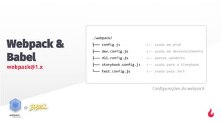 Webpack &
Babel
webpack@1.x
Configurações do webpack
├──
├──
├──
├──
└──
 