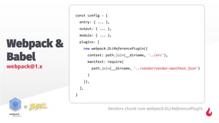 Webpack &
Babel
webpack@1.x
Vendors chunk com webpack.DLLReferencePlugin
 