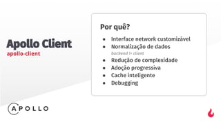Apollo Client
apollo-client
Por quê?
● Interface network customizável
● Normalização de dados
backend != client
● Redução de complexidade
● Adoção progressiva
● Cache inteligente
● Debugging
 