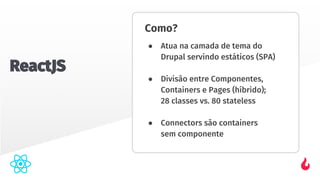 Como?
● Atua na camada de tema do
Drupal servindo estáticos (SPA)
● Divisão entre Componentes,
Containers e Pages (híbrido);
28 classes vs. 80 stateless
● Connectors são containers
sem componente
ReactJS
 
