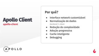 Apollo Client
apollo-client
Por quê?
● Interface network customizável
● Normalização de dados
backend != client
● Redução ...