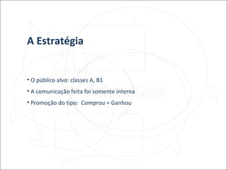 A Estratégia O público alvo: classes A, B1 A comunicação feita foi somente interna Promoção do tipo:  Comprou = Ganhou 