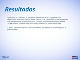 Resultados
Após início da campanha os resultados obtidos pela marca superaram suas
expectativas. Nas datas sazonais a rede cresceu 20% comparado ao mesmo período
nos anos anteriores. Com os concursos culturais atingimos diretamente mais de
30.000 pessoas, além de conquistar espaço na mídia de forma espontânea.

A marca também conquistou mídia espontânea e aumentou o awareness junto ao
público jovem.
 