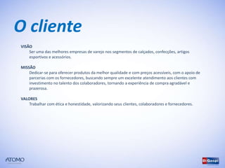 O cliente
VISÃO
    Ser uma das melhores empresas de varejo nos segmentos de calçados, confecções, artigos
    esportivos e acessórios.

MISSÃO
    Dedicar-se para oferecer produtos da melhor qualidade e com preços acessíveis, com o apoio de
    parcerias com os fornecedores, buscando sempre um excelente atendimento aos clientes com
    investimento no talento dos colaboradores, tornando a experiência de compra agradável e
    prazerosa.

VALORES
    Trabalhar com ética e honestidade, valorizando seus clientes, colaboradores e fornecedores.
 