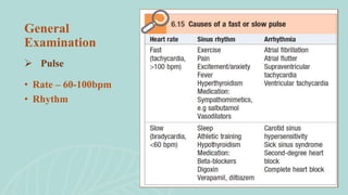 • Rate – 60-100bpm
• Rhythm
 Pulse
General
Examination
 
