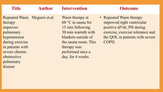 Title Author Intervention Outcome
Repeated Waon
therapy
improves
pulmonary
hypertension
during exercise
in patients with
severe chronic
obstructive
pulmonary
disease
Megumi et.al Waon therapy at
60 °C in sauna for
15 min following
30 min warmth with
blankets outside of
the sauna room. This
therapy was
performed once a
day, for 4 weeks.
• Repeated Waon therapy
improved right ventricular
positive dP/dt, PH during
exercise, exercise tolerance and
the QOL in patients with severe
COPD.
 