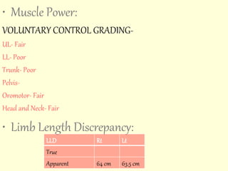 • Muscle Power: 
VOLUNTARY CONTROL GRADING-UL- 
Fair 
LL- Poor 
Trunk- Poor 
Pelvis- 
Oromotor- Fair 
Head and Neck- Fair 
• Limb Length Discrepancy: 
LLD Rt Lt 
True 
Apparent 64 cm 63.5 cm 
 