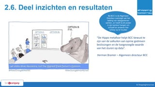 2.6. Deel inzichten en resultaten
49© ShoppingTomorrow © ShoppingTomorrow
“De Hippo metafoor helpt BCC bewust te
zijn van de valkuilen van opinie gedreven
beslissingen en de toegevoegde waarde
van het sturen op data”.
Herman Bramer – Algemeen directeur BCC
Bij BCC is de Algemeen
Directeur overtuigd van het
belang van datagedreven
werken, en heeft hij dit poster
in zijn kantoor hangen om
zichzelf en anderen hier
scherp op te houden
 