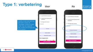 Type 1: verbetering
8© ShoppingTomorrow © ShoppingTomorrow
Usability onderzoek learning:
Gebruikers missen de
‘Toevoegen’-button en gaan
verder naar de volgende
stap, zonder de kortingscode
toe te passen.
Voor Na
 