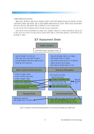 Case Conference Documentation




 1) 활동 제한(Activity limitation)
    ‘활동과 참여’ 영역에서는 병동 복도의 화장실을 이용하기 위한 참여적 활동(Participation)과 관련있는 앉기에서
 기립자세로의 변화와 집을 제외한 건물 내 이동의 활동에 제한(limitation)이 있었다. 제한의 정도로 앉은자세에서
 일어서기는 중도손상, 집을 제외한 건물 내 이동에서는 고도의 손상을 보였다.
 2) 신체 기능 및 구조적 손상(Body function & body structure impairment)

    ‘신체 기능 및 구조적 손상’영역에서는 한 관절 그리고 견갑골의 가동성, 한 지 근육의 긴장도에서는 경도의 손상
 (5-24%), 상지 또는 하지의 지지기능은 중도의 손상(25-49%), 한발 지 근육의 힘의 경우에는 고도(50-95%)의 손상
 을 확인할 수 있었다.


                                   ICF Assessment Sheet

                                            Health Condition

                                    앉은자세에서 일어나 실내보행의 어려움



  - 평상시에 오른팔이 구부러져 있다.                                      - 병실 외의 화장실을 이용하는 것이 힘들다.
  - 어깨가 많이 아프고 팔이 올라가지 않는다.                                 - 앉은자세에서 일어서기가 힘들다.
  - 발 뒤꿈치에 물집이 잡혀 있어서 걸을 때 아프다.                             - 앉은자세에서 일어날 때 보조 도구가 필요하다.
  - 마비쪽 팔, 다리가 힘이 없다.                                       - 걸을 때 넘어질 것 같으며 힘들다.
                                                            - 항상 지팡이가 있어야만 걸을 수가 있다.


     Body Function & Body Structure                                   Activity & Participation

  - b7100.1 한 관절의 가동성
                                                           - d410 기본적인 자세 변화
  - b7102.1 전반적인 관절 가동성
                                                               d4103.2 앉기(sitting)
  - b7200.1 견갑골의 가동성
                                                                앉기에서 기립자세로의 변경                       병동 복도
  - b7301.3 한 지 근육의 힘                                                                                의 화장실
                                                           - d460 상이한 장소로의 이동
  - b7351.1 한 지 근육의 긴장도                                                                              가기
                                                               d4601.3 집을 제외한 건물 내 이동
  - b7603.2 상지 또는 하지의 지지기능
                                                                병원 내에서의 이동 능력
  - s8104.127 하지부 피부



                Personal Factor                                        Environmental Factor

- 통증에 매우 민감하시다.                                           - e310.2 간병인 또는 보호자 없이 혼자서 생활하신다.
- 힘든 운동을 하려고 하지 않는다.                                      - e1208.2 항상 전동 휠체어를 타고 다니신다.
                                                          - e1208.2 Q-cane이 없으면 보행을 할 수가 없다.



           그림 3. Framework of International Classification of Functioning, Disability and Health (ICF)




                                                  -5-                         City Rehabilitation Centre, Gwangju
 