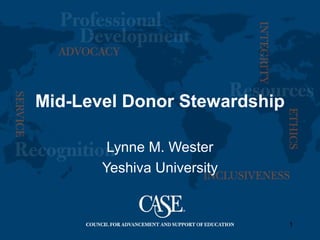 1
Mid-Level Donor Stewardship
Lynne M. Wester
Yeshiva University
 