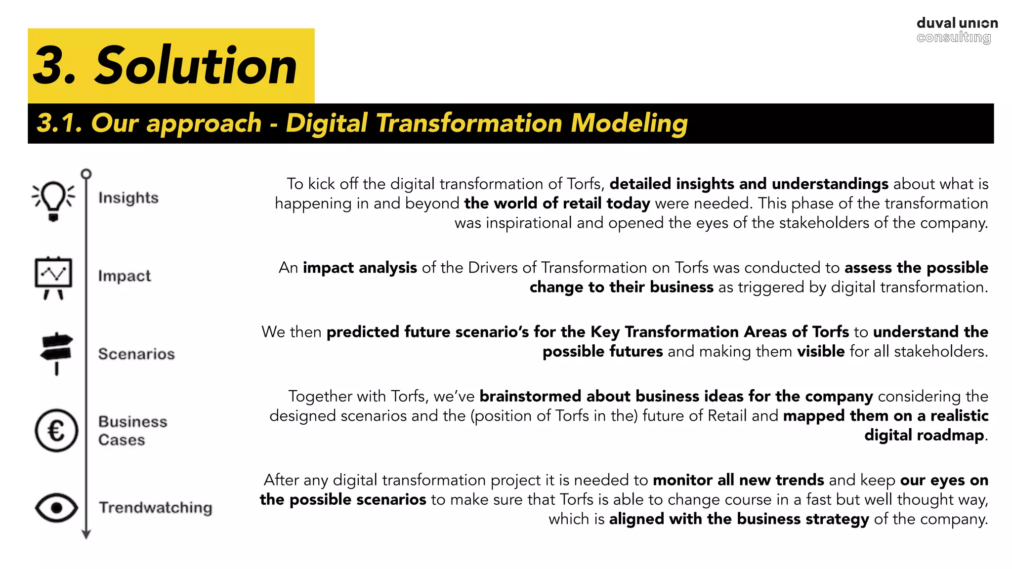 3. Solution
To kick off the digital transformation of Torfs, detailed insights and understandings about what is
happening in and beyond the world of retail today were needed. This phase of the transformation
was inspirational and opened the eyes of the stakeholders of the company.
An impact analysis of the Drivers of Transformation on Torfs was conducted to assess the possible
change to their business as triggered by digital transformation.
We then predicted future scenario’s for the Key Transformation Areas of Torfs to understand the
possible futures and making them visible for all stakeholders.
Together with Torfs, we’ve brainstormed about business ideas for the company considering the
designed scenarios and the (position of Torfs in the) future of Retail and mapped them on a realistic
digital roadmap.
After any digital transformation project it is needed to monitor all new trends and keep our eyes on
the possible scenarios to make sure that Torfs is able to change course in a fast but well thought way,
which is aligned with the business strategy of the company.
3.1. Our approach - Digital Transformation Modeling
 