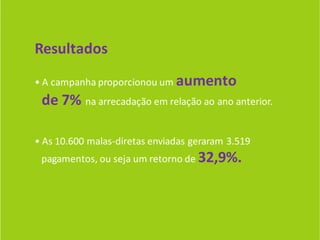 Resultados
• A campanha proporcionou um aumento
 de 7% na arrecadação em relação ao ano anterior.

• As 10.600 malas-diretas enviadas geraram 3.519
 pagamentos, ou seja um retorno de 32,9%.
 