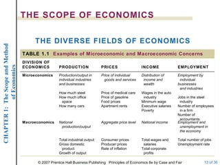 THE SCOPE OF ECONOMICS THE DIVERSE FIELDS OF ECONOMICS Employment by   individual businesses   and industries Jobs in the steel   industry Number of employees   in a firm Number of   accountants Distribution of    income and    wealth Wages in the auto   industry Minimum wage Executive salaries Poverty Price of individual   goods and services   Price of medical care Price of gasoline Food prices Apartment rents Production/output in individual industries and businesses   How much steel How much office   space How many cars Microeconomics Employment and    unemployment in    the economy Total number of jobs Unemployment rate National income Total wages and   salaries   Total corporate   profits Aggregate price level   Consumer prices Producer prices Rate of inflation National    production/output   Total industrial output Gross domestic   product Growth of output Macroeconomics EMPLOYMENT INCOME PRICES PRODUCTION DIVISION OF ECONOMICS TABLE 1.1  Examples of Microeconomic and Macroeconomic Concerns 