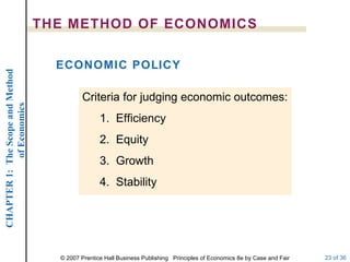 THE METHOD OF ECONOMICS ECONOMIC POLICY Criteria for judging economic outcomes: 1.  Efficiency 2.  Equity 3.  Growth 4.  Stability 