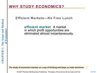 WHY STUDY ECONOMICS? efficient market   A market in which profit opportunities are eliminated almost instantaneously. Efficient Markets—No Free Lunch The study of economics teaches us a way of thinking and helps us make decisions. 