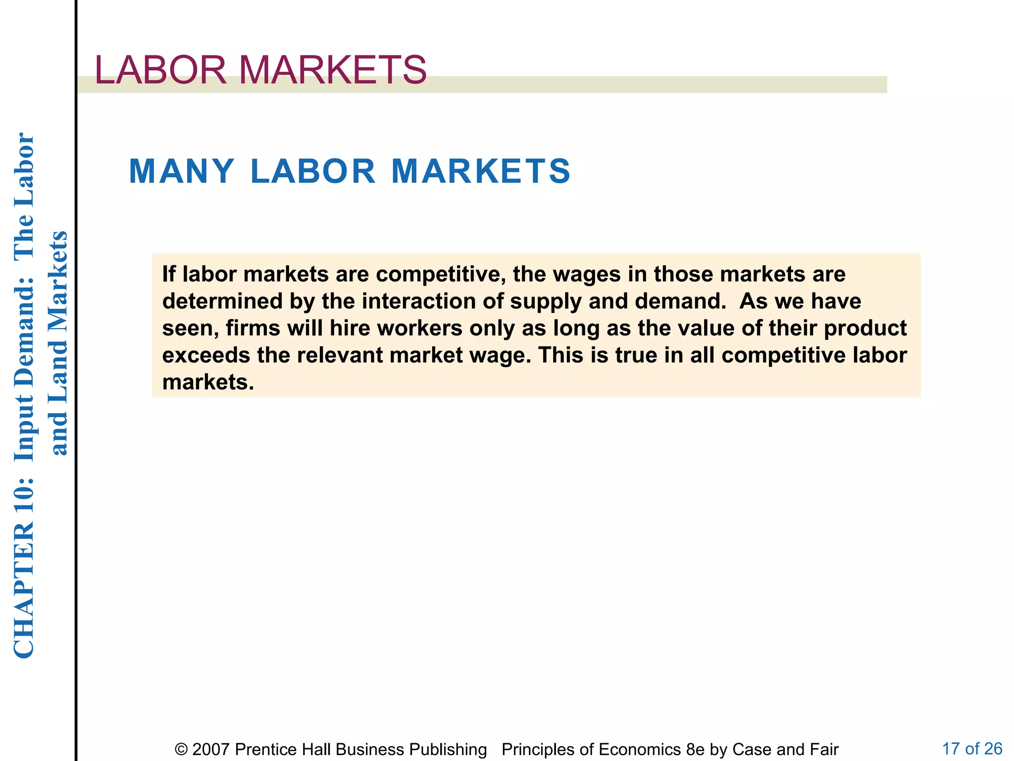 LABOR MARKETS MANY LABOR MARKETS If labor markets are competitive, the wages in those markets are determined by the interaction of supply and demand.  As we have seen, firms will hire workers only as long as the value of their product exceeds the relevant market wage. This is true in all competitive labor markets. 