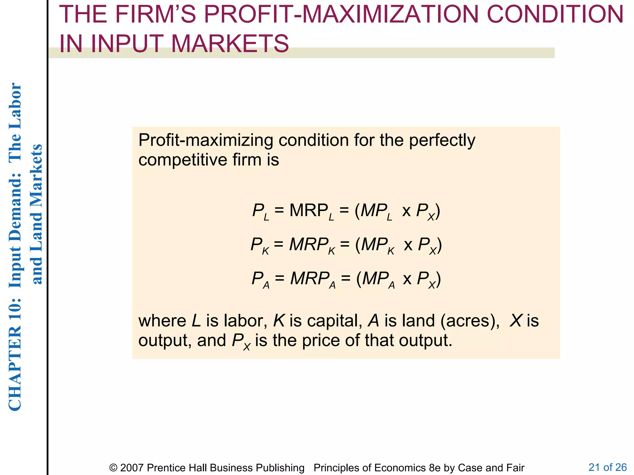 THE FIRM’S PROFIT-MAXIMIZATION CONDITION IN INPUT MARKETS Profit-maximizing condition for the perfectly competitive firm is P L  = MRP L  = ( MP L   x  P X ) P K  =  MRP K  = ( MP K   x  P X ) P A  =  MRP A  = ( MP A  x  P X ) where  L  is labor,  K  is capital,  A  is land (acres),  X  is output, and  P X  is the price of that output. 