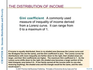 THE DISTRIBUTION OF INCOME Gini coefficient  A commonly used measure of inequality of income derived from a Lorenz curve.  It can range from 0 to a maximum of 1. If income is equally distributed, there is no shaded area (because the Lorenz curve and the 45-degree line are the same), and the Gini coefficient is zero.  The Lorenz curves for distributions with more inequality are farther down to the right, their shaded areas are larger, and their Gini coefficients are higher.  The maximum Gini coefficient is 1.  As the Lorenz curve shifts down to the right, the shaded area becomes a larger portion of the total triangular area below 0 A.  If one family earned all the income (with no one else receiving anything), the shaded area and the triangle would be the same, and the ratio would equal 1.  