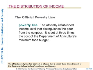 THE DISTRIBUTION OF INCOME The Official Poverty Line poverty line  The officially established income level that distinguishes the poor from the nonpoor.  It is set at three times the cost of the Department of Agriculture’s minimum food budget. The official poverty line has been set at a figure that is simply three times the cost of the Department of Agriculture’s minimum food budget. 