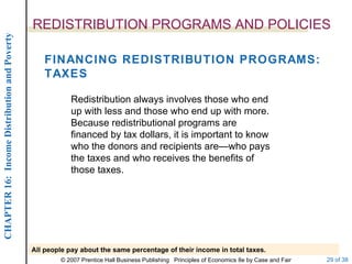 REDISTRIBUTION PROGRAMS AND POLICIES FINANCING REDISTRIBUTION PROGRAMS: TAXES Redistribution always involves those who end up with less and those who end up with more. Because redistributional programs are financed by tax dollars, it is important to know who the donors and recipients are—who pays the taxes and who receives the benefits of those taxes. All people pay about the same percentage of their income in total taxes. 