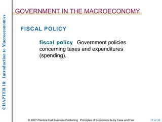 GOVERNMENT IN THE MACROECONOMY
CHAPTER 18: Introduction to Macroeconomics




                                              FISCAL POLICY

                                                         fiscal policy Government policies
                                                         concerning taxes and expenditures
                                                         (spending).




                                                © 2007 Prentice Hall Business Publishing Principles of Economics 8e by Case and Fair   17 of 38
 