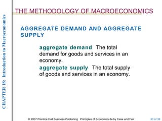 THE METHODOLOGY OF MACROECONOMICS
CHAPTER 18: Introduction to Macroeconomics




                                              AGGREGATE DEMAND AND AGGREGATE
                                              SUPPLY

                                                         aggregate demand The total
                                                         demand for goods and services in an
                                                         economy.
                                                         aggregate supply The total supply
                                                         of goods and services in an economy.




                                                © 2007 Prentice Hall Business Publishing Principles of Economics 8e by Case and Fair   30 of 38
 