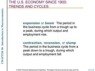 THE U.S. ECONOMY SINCE 1900:
                                             TRENDS AND CYCLES
CHAPTER 18: Introduction to Macroeconomics




                                                         expansion or boom The period in
                                                         the business cycle from a trough up to
                                                         a peak, during which output and
                                                         employment rise.

                                                         contraction, recession, or slump
                                                         The period in the business cycle from a
                                                         peak down to a trough, during which
                                                         output and employment fall.



                                                © 2007 Prentice Hall Business Publishing Principles of Economics 8e by Case and Fair   33 of 38
 