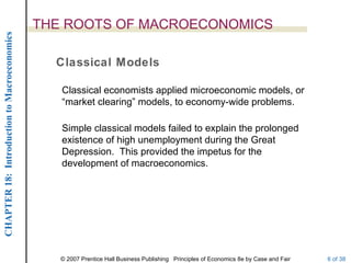 THE ROOTS OF MACROECONOMICS
CHAPTER 18: Introduction to Macroeconomics




                                               Classical Models

                                                Classical economists applied microeconomic models, or
                                                “market clearing” models, to economy-wide problems.

                                                Simple classical models failed to explain the prolonged
                                                existence of high unemployment during the Great
                                                Depression. This provided the impetus for the
                                                development of macroeconomics.




                                                © 2007 Prentice Hall Business Publishing Principles of Economics 8e by Case and Fair   6 of 38
 