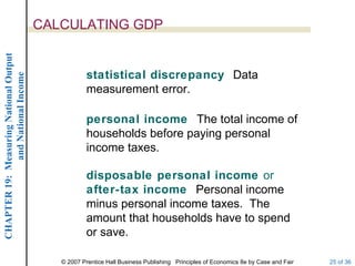 CALCULATING GDP
CHAPTER 19: Measuring National Output




                                                    statistical discrepancy Data
             and National Income




                                                    measurement error.

                                                    personal income The total income of
                                                    households before paying personal
                                                    income taxes.

                                                    disposable personal income or
                                                    after-tax income Personal income
                                                    minus personal income taxes. The
                                                    amount that households have to spend
                                                    or save.

                                           © 2007 Prentice Hall Business Publishing Principles of Economics 8e by Case and Fair   25 of 36
 
