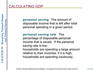 CALCULATING GDP
CHAPTER 19: Measuring National Output




                                                    personal saving The amount of
             and National Income




                                                    disposable income that is left after total
                                                    personal spending in a given period.

                                                    personal saving rate The
                                                    percentage of disposable personal
                                                    income that is saved. If the personal
                                                    saving rate is low,
                                                    households are spending a large amount
                                                    relative to their incomes; if it is high,
                                                    households are spending cautiously.


                                           © 2007 Prentice Hall Business Publishing Principles of Economics 8e by Case and Fair   26 of 36
 