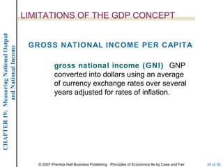 LIMITATIONS OF THE GDP CONCEPT
CHAPTER 19: Measuring National Output




                                         GROSS NATIONAL INCOME PER CAPITA
             and National Income




                                                    gross national income (GNI) GNP
                                                    converted into dollars using an average
                                                    of currency exchange rates over several
                                                    years adjusted for rates of inflation.




                                           © 2007 Prentice Hall Business Publishing Principles of Economics 8e by Case and Fair   34 of 36
 