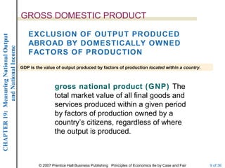 GROSS DOMESTIC PRODUCT

                                           EXCLUSION OF OUTPUT PRODUCED
CHAPTER 19: Measuring National Output




                                           ABROAD BY DOMESTICALLY OWNED
             and National Income




                                           FACTORS OF PRODUCTION
                                        GDP is the value of output produced by factors of production located within a country.



                                                         gross national product (GNP) The
                                                         total market value of all final goods and
                                                         services produced within a given period
                                                         by factors of production owned by a
                                                         country’s citizens, regardless of where
                                                         the output is produced.



                                                © 2007 Prentice Hall Business Publishing Principles of Economics 8e by Case and Fair   9 of 36
 