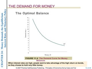 Interest Rate, and Monetary Policy
                                                  THE DEMAND FOR MONEY
                                                          The Optimal Balance
CHAPTER 24: Money Demand, the Equilibrium




                                                                      FIGURE 11.4 The Demand Curve for Money
                                                                                     Balances
                                                  When interest rates are high, people want to take advantage of the high return on bonds,
                                                  so they choose to hold very little money.
                                                          © 2007 Prentice Hall Business Publishing Principles of Economics 8e by Case and Fair   10 of 26
 