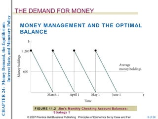 Interest Rate, and Monetary Policy
                                                  THE DEMAND FOR MONEY
CHAPTER 24: Money Demand, the Equilibrium




                                                   MONEY MANAGEMENT AND THE OPTIMAL
                                                   BALANCE




                                                          FIGURE 11.2 Jim’s Monthly Checking Account Balances:
                                                                   Strategy 1
                                                     © 2007 Prentice Hall Business Publishing Principles of Economics 8e by Case and Fair   8 of 26
 