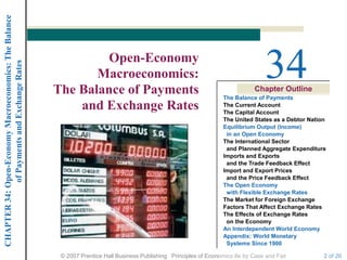 CHAPTER 34: Open-Economy Macroeconomics: The Balance




                                                               Open-Economy
                                                                                                                                    34
             of Payments and Exchange Rates




                                                              Macroeconomics:
                                                       The Balance of Payments                                                  Chapter Outline
                                                                                                                    The Balance of Payments
                                                           and Exchange Rates                                       The Current Account
                                                                                                                    The Capital Account
                                                                                                                    The United States as a Debtor Nation
                                                                                                                    Equilibrium Output (Income)
                                                                                                                     in an Open Economy
                                                                                                                    The International Sector
                                                                                                                     and Planned Aggregate Expenditure
                                                                                                                    Imports and Exports
                                                                                                                     and the Trade Feedback Effect
                                                                                                                    Import and Export Prices
                                                                                                                     and the Price Feedback Effect
                                                                                                                    The Open Economy
                                                                                                                     with Flexible Exchange Rates
                                                                                                                    The Market for Foreign Exchange
                                                                                                                    Factors That Affect Exchange Rates
                                                                                                                    The Effects of Exchange Rates
                                                                                                                     on the Economy
                                                                                                                    An Interdependent World Economy
                                                                                                                    Appendix: World Monetary
                                                                                                                     Systems Since 1900

                                                        © 2007 Prentice Hall Business Publishing Principles of Economics 8e by Case and Fair           2 of 26
 