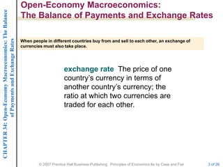 CHAPTER 34: Open-Economy Macroeconomics: The Balance   Open-Economy Macroeconomics:
                                                       The Balance of Payments and Exchange Rates
             of Payments and Exchange Rates




                                                       When people in different countries buy from and sell to each other, an exchange of
                                                       currencies must also take place.




                                                                             exchange rate The price of one
                                                                             country’s currency in terms of
                                                                             another country’s currency; the
                                                                             ratio at which two currencies are
                                                                             traded for each other.




                                                               © 2007 Prentice Hall Business Publishing Principles of Economics 8e by Case and Fair   3 of 26
 