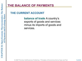 CHAPTER 34: Open-Economy Macroeconomics: The Balance

                                                       THE BALANCE OF PAYMENTS

                                                        THE CURRENT ACCOUNT
             of Payments and Exchange Rates




                                                                         balance of trade A country’s
                                                                         exports of goods and services
                                                                         minus its imports of goods and
                                                                         services.




                                                          © 2007 Prentice Hall Business Publishing Principles of Economics 8e by Case and Fair   5 of 26
 