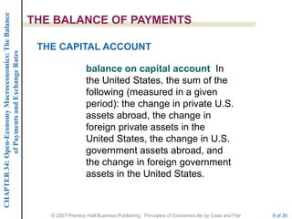 CHAPTER 34: Open-Economy Macroeconomics: The Balance

                                                       THE BALANCE OF PAYMENTS

                                                        THE CAPITAL ACCOUNT
             of Payments and Exchange Rates




                                                                         balance on capital account In
                                                                         the United States, the sum of the
                                                                         following (measured in a given
                                                                         period): the change in private U.S.
                                                                         assets abroad, the change in
                                                                         foreign private assets in the
                                                                         United States, the change in U.S.
                                                                         government assets abroad, and
                                                                         the change in foreign government
                                                                         assets in the United States.



                                                          © 2007 Prentice Hall Business Publishing Principles of Economics 8e by Case and Fair   8 of 26
 
