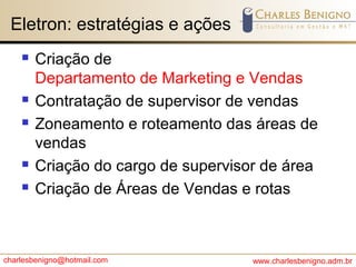 charlesbenigno@hotmail.com www.charlesbenigno.adm.br
Eletron: estratégias e ações
 Criação de
Departamento de Marketing e Vendas
 Contratação de supervisor de vendas
 Zoneamento e roteamento das áreas de
vendas
 Criação do cargo de supervisor de área
 Criação de Áreas de Vendas e rotas
 