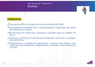 01
Case de sucesso – Empresa T.I
Resultados
CONQUISTAS:
✔Crescemos 65% em relação ao mesmo período de 2018;
✔Alcançamos velocidade com a especialização e integração das áreas
de marketing e vendas;
✔No formato de Inside Sale, passamos a atender todas as regiões do
Brasil;
✔Criamos o conceito de atendimento onborder com SLAs e entregas
bem definidos;
✔Implantamos o projeto de experiência e sucesso do clientes com
metas de relacionamento, engajamento, retenção e crescimento em
receitas.
 