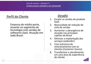 01
Case de sucesso – Empresa T.I
Cenário atual e Desafio a ser alcançado
Perfil do Cliente
Empresa de médio porte,
atuante no segmento de
tecnologia com vendas de
softwares SaaS. Atuação em
todo Brasil.
Desafio
1. Escalar as vendas do produto
SaaS
2. Necessidade de redução do
ciclo de vendas
3. Aumentar a abrangência de
atuação nas principais
capitais do Brasil
4. Otimizar a implantação dos
serviços (onborder)
5. Criar estrutura de
relacionamento com os
clientes (Customer Sucess)
6. Transformar o atendimento
em uma área de experiência
do cliente
 