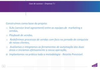 01
Case de sucesso – Empresa T.I
Construímos como base do projeto:
o SLAs (service level agreement) entre as equipes de marketing e
vendas,
o Playbook de vendas,
o Redefinimos processos de vendas com foco na jornada de conquista
de novos clientes,
o Avaliamos e integramos as ferramentas de automação das duas
áreas e iniciamos efetivamente a nossa operação,
o Implantamos na prática toda a metodologia - Receita Previsível.
 
