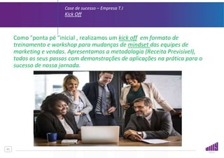 01
Case de sucesso – Empresa T.I
Kick Off
Como "ponta pé "inicial , realizamos um kick off em formato de
treinamento e workshop para mudanças de mindset das equipes de
marketing e vendas. Apresentamos a metodologia (Receita Previsível),
todos os seus passos com demonstrações de aplicações na prática para o
sucesso de nossa jornada.
 